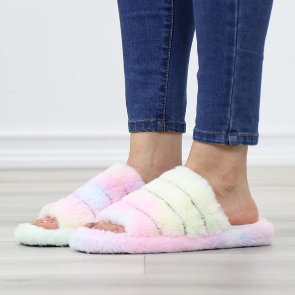 Tie Dye Puff Fuzzy Fluffy Slip On Plush Slippers Diamond Accents - Picture 13 of 15